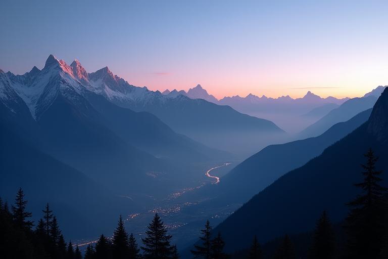 Die Alpen bei Abenddämmerung von der Terrasse aus gesehen