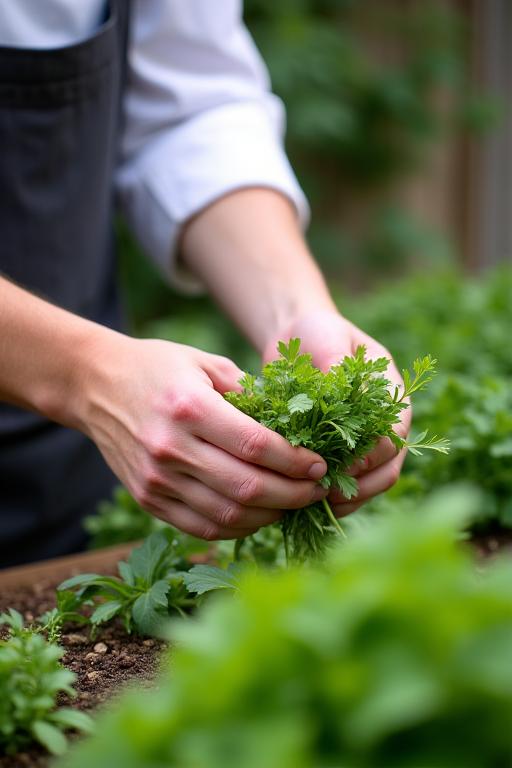 Unser Küchenchef sammelt frische Kräuter aus dem Garten