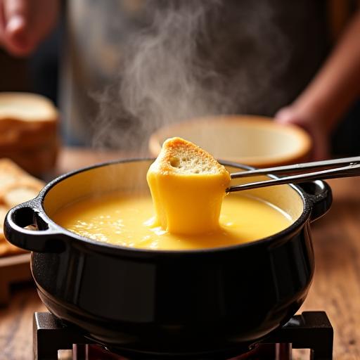 Dampfendes Käsefondue mit Brotstücken